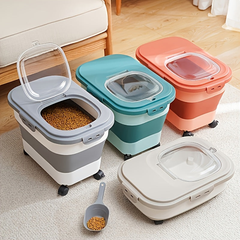 Foldable Dog Food Storage Container with Wheels, Airtight Pet Kibble Bin with Measuring Cup and Scoop, 5-30 lb Capacity for Dogs and Cats