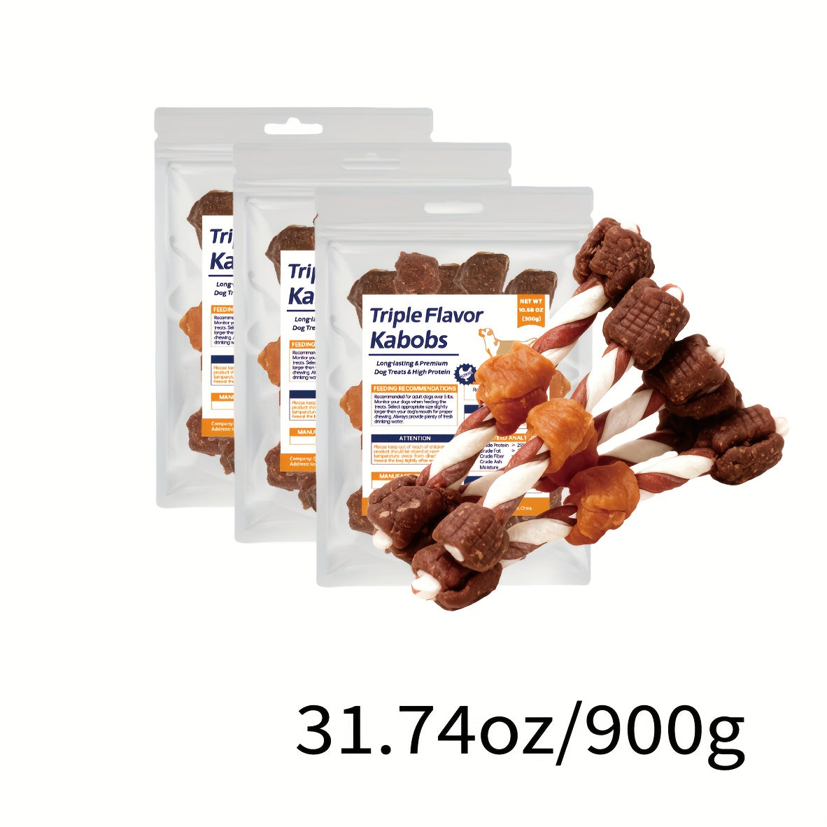 Rawhide Dog Chews with Chicken, Beef & Chicken Liver, Triple Flavor Kabob Treats for Supervised Snack Time, 300g, 600g & 900g Options