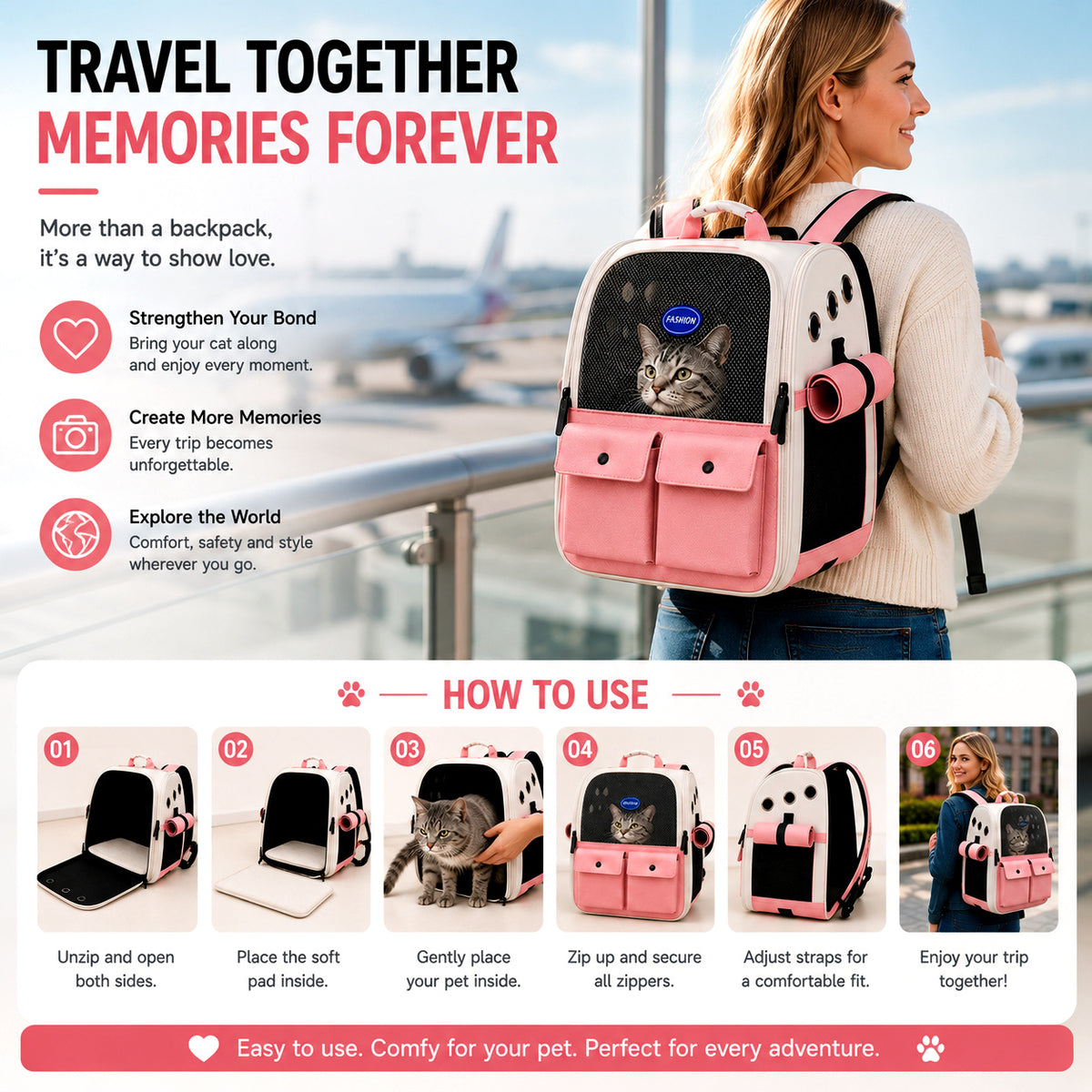 Front Opening Pet Carrier Backpack for Cats, Small Dogs and Puppies, Breathable Foldable Travel Bag with Safety Hook and Storage Pockets