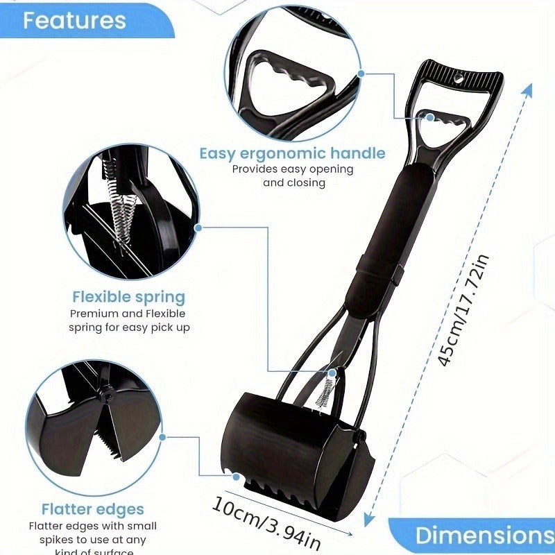 Dog Poop Scooper with Foldable Long Handle, Three-Piece Black Pet Waste Shovel with Ergonomic Grip and Straight Edge for Indoor and Outdoor Cleanup