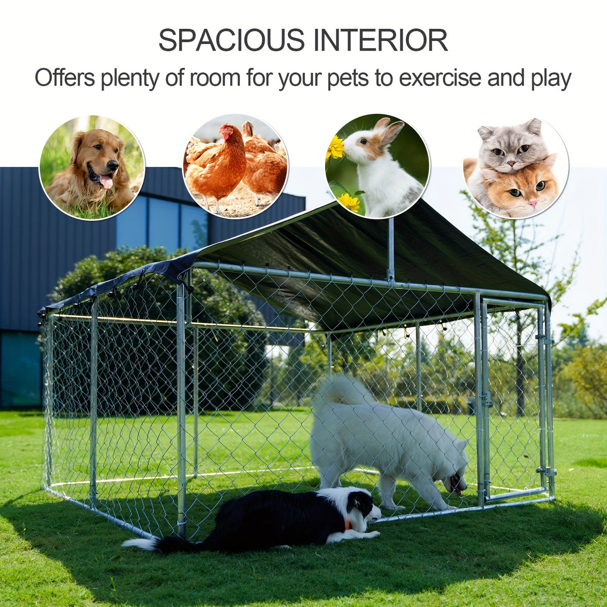 Galvanized Metal Dog Kennel with Canopy, Outdoor Steel Mesh Enclosure with Lockable Gate and PE Roof Cover, Three Backyard Dog Run Size Options