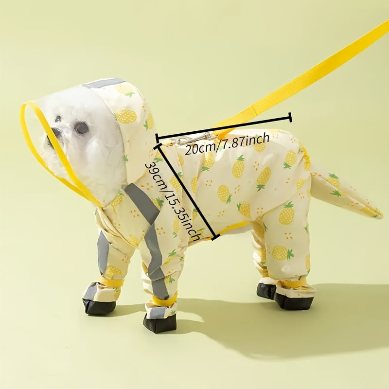 Dog Raincoat with Four-Leg Coverage, Reflective Strip, Extended Brim & Snap Closure for Rainy Walks, Pink Strawberry or Yellow Pineapple