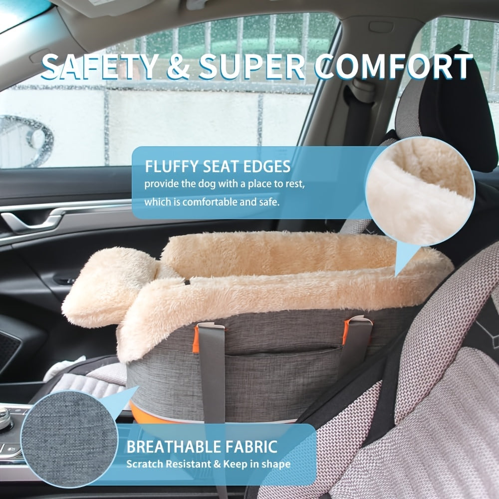 Center Console Dog Car Seat for Small Dogs and Cats up to 10 lbs, Plush-Lined Armrest Pet Travel Bag with Carry Straps, Khaki or Dark Gray