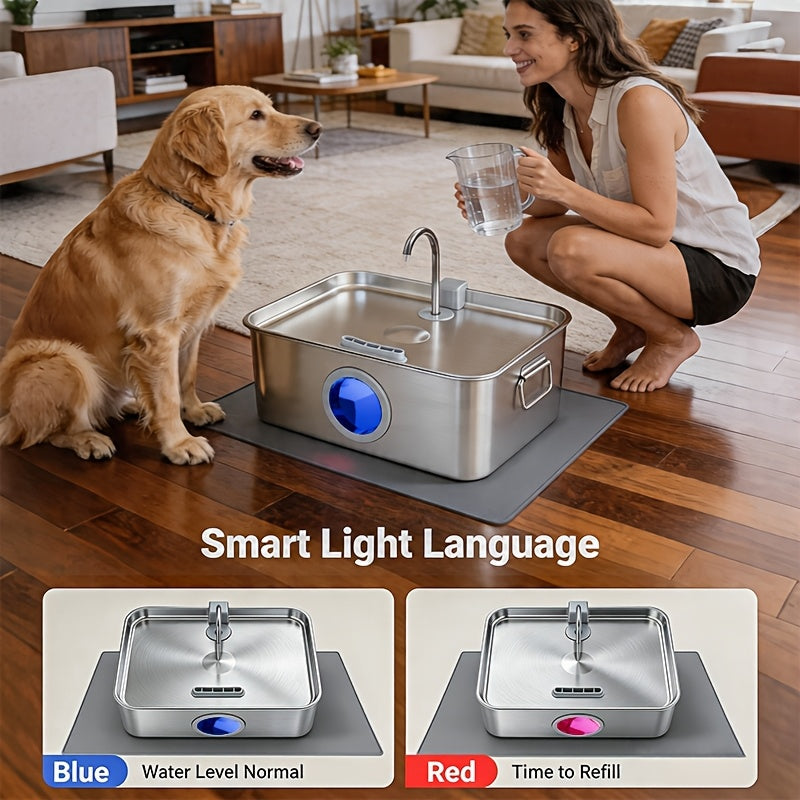 Stainless Steel Dog Water Fountain 12L 3.2 Gal for Large Dogs and Multi-Pet Homes, Ultra Quiet Pet Water Dispenser with Water Level Window, Dry Burn Protection and Red Blue Indicator Lights, Easy to Clean, Without Battery