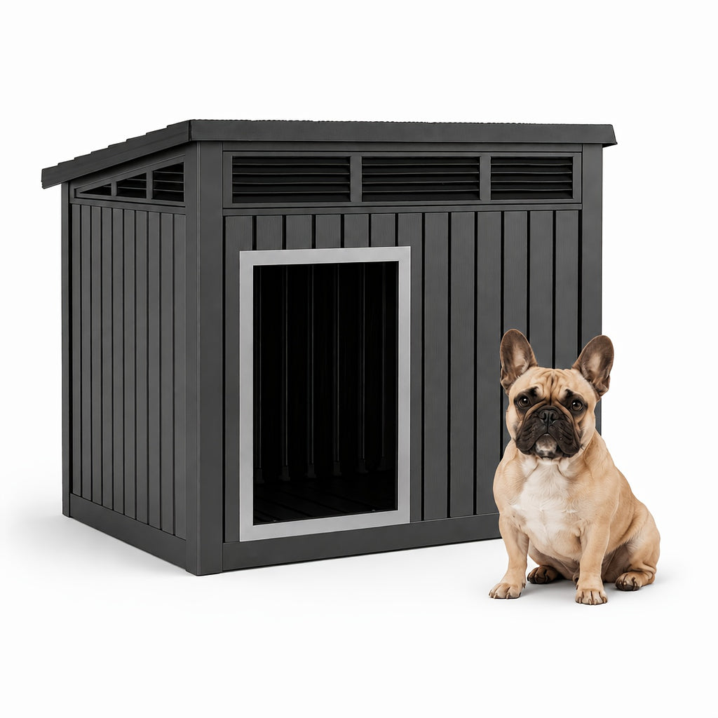 Resin Dog House 33 Inch with Slanted Roof and Ventilation Openings, UV-Resistant Outdoor Pet Shelter in Black or Grey for Backyard Rest