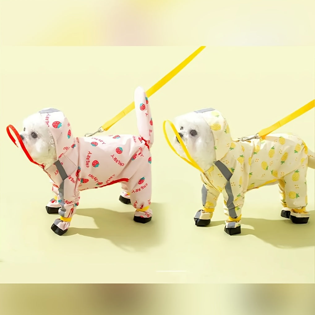 Dog Raincoat with Four-Leg Coverage, Reflective Strip, Extended Brim & Snap Closure for Rainy Walks, Pink Strawberry or Yellow Pineapple