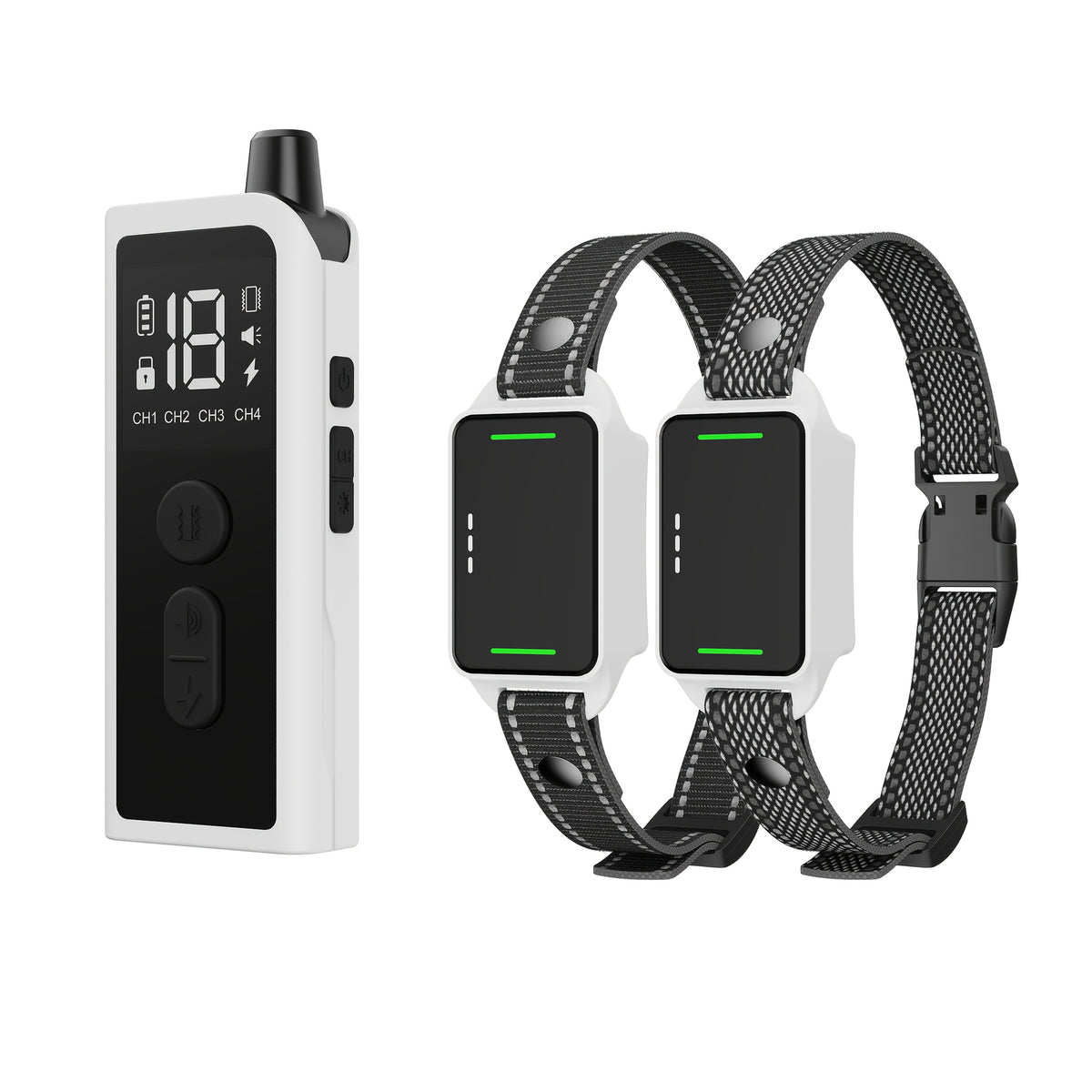 Electronic Dog Training Collar with Remote, Adjustable Nylon Strap, Beep, Vibration, Static Stimulation and Finder Light, Black or White Options