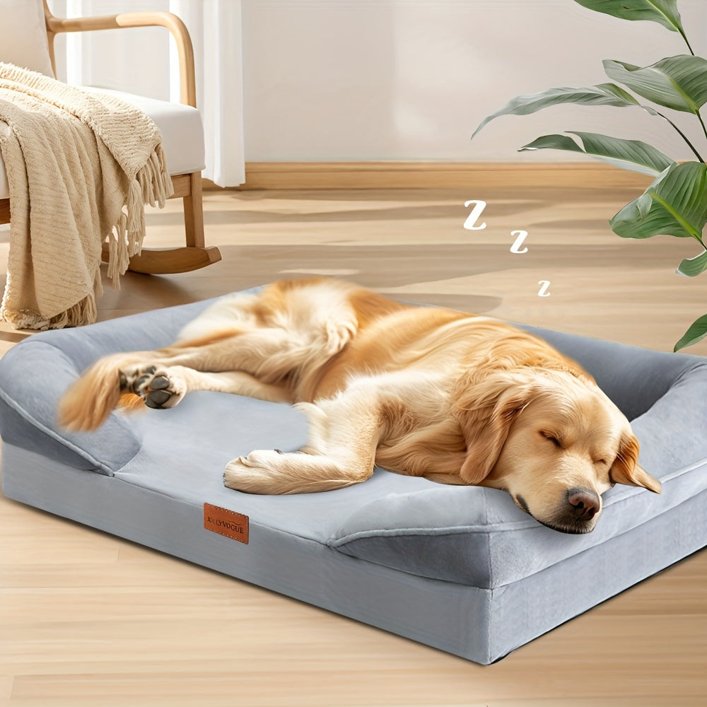 Four-Sided Bolster Dog Bed with Egg-Crate Foam, Grey Flannel Pet Sofa with Removable Washable Cover, Lowered Entry and Non-Skid Bottom, M to XXL