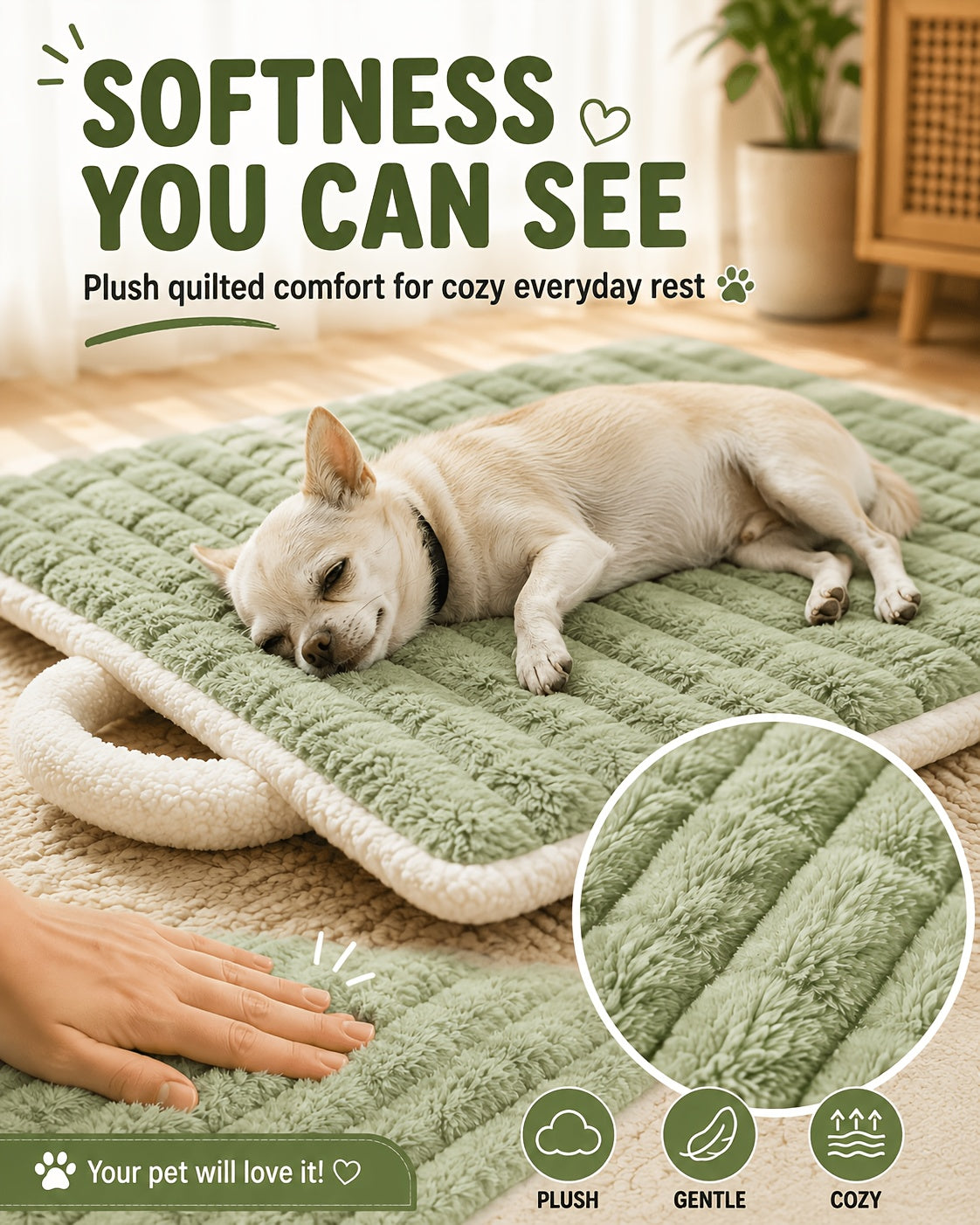 Quilted Dog Crate Mat, Machine Washable Plush Travel Dog Bed with Carry Handle for Small and Medium Dogs, Puppies and Cats