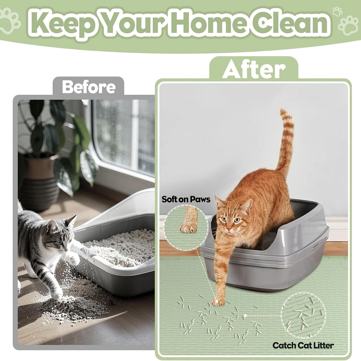 Silicone Litter Mat for Cats 40 x 28 Inches, Extra Large Soft Paw-Friendly Litter Trapping Floor Protector, Rinse-Clean in Khaki or Green