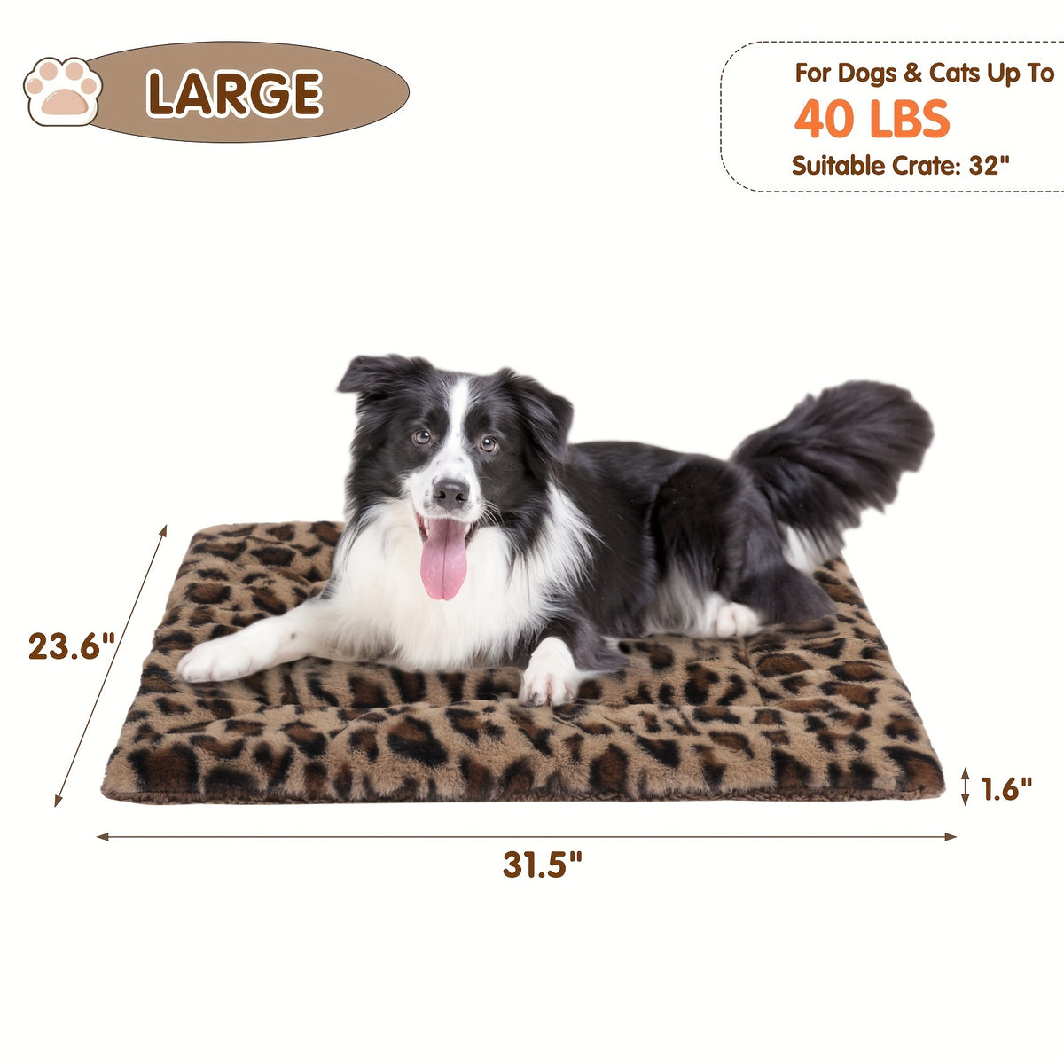 Reversible Dog Crate Mat with Leopard Print, Machine Washable Plush Pet Sleeping Pad for Dogs and Cats, Foldable Fleece Cushion in S to XL