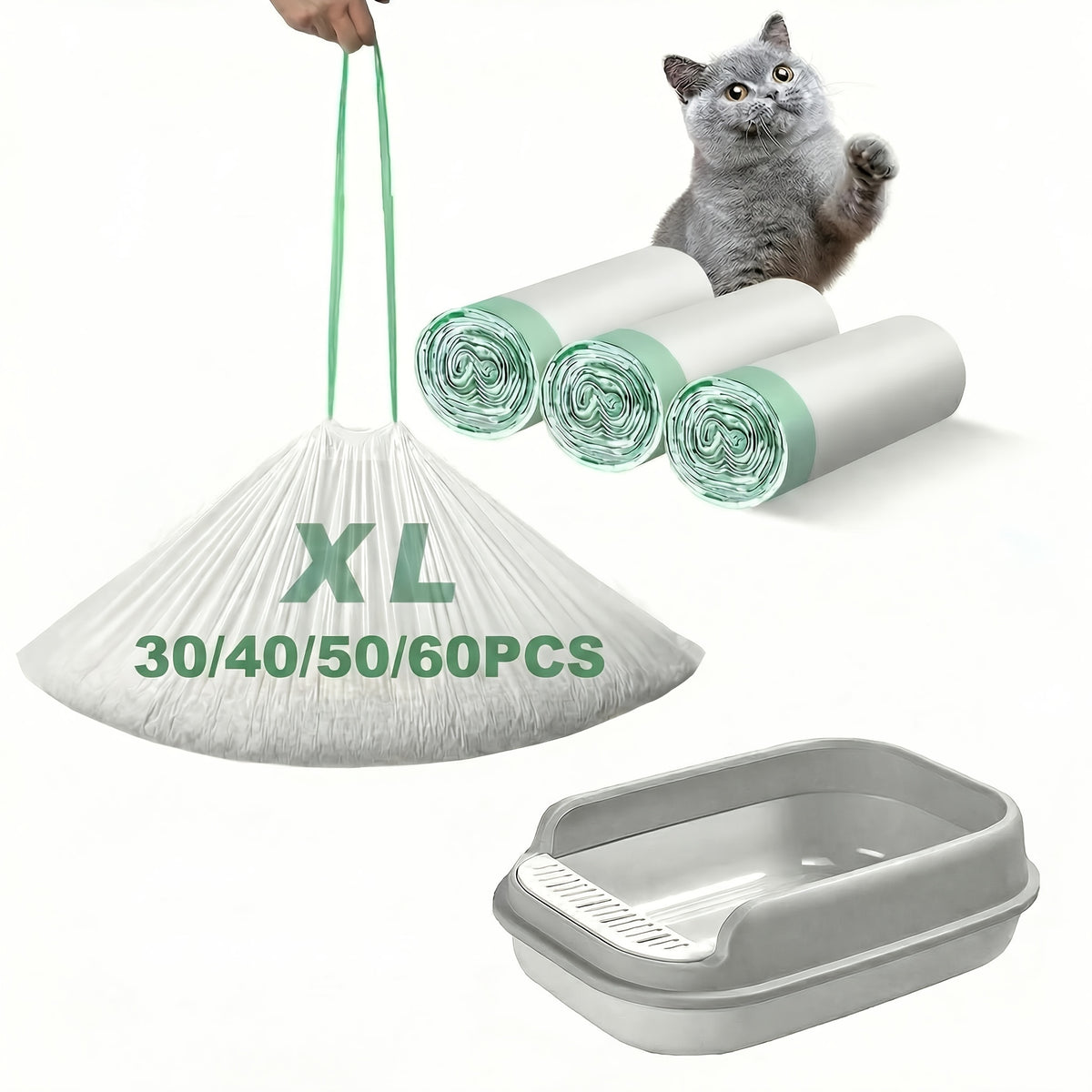 Jumbo Cat Litter Liners with Drawstring, 35.4 x 17.7 Inch Extra-Thick Litter Pan Bags in 30, 40 or 50 Count Rolls for Home Cleanup Routines