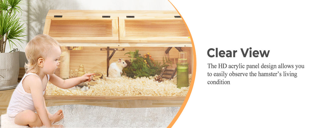 Hamster Habitat Wooden Cage with Clear Acrylic Front, Openable Top and Side Locks, 31.5-Inch Small Pet Enclosure in Natural or Burlywood
