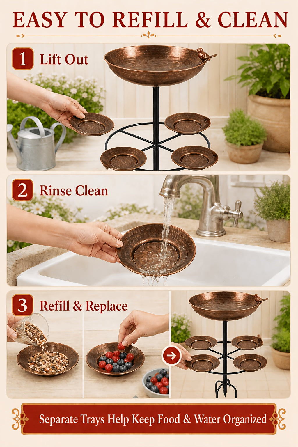 Tree-Shaped Bird Bath in Copper Color, Double-Layer Outdoor Water and Feeding Basin Design with Five-Claw Base for Garden, Yard and Courtyard Decor
