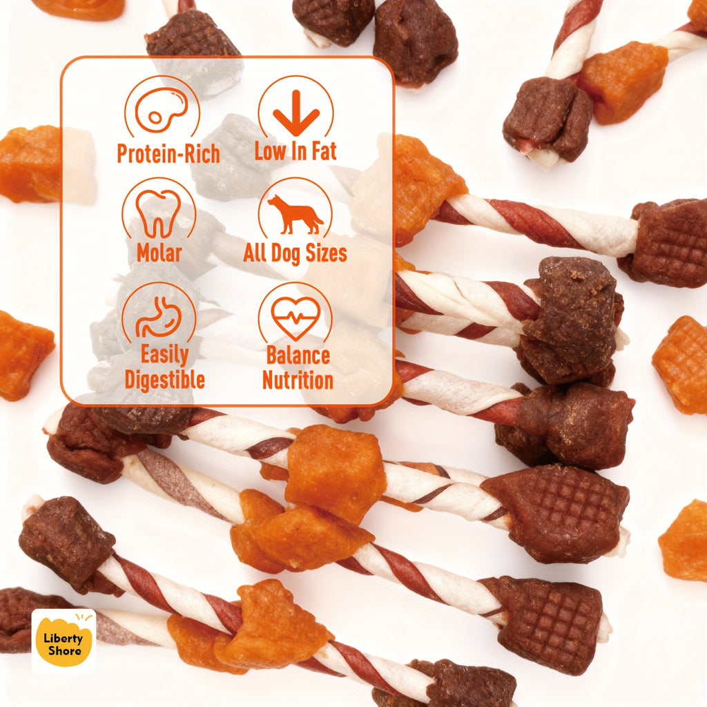 Dog Kabob Treats Triple Flavor, Chicken, Beef and Chicken Liver Chew Kebabs on Twisted Chew Sticks, Meaty Kabob Dog Chews for Small, Medium and Large Dogs, 100g to 900g Packs