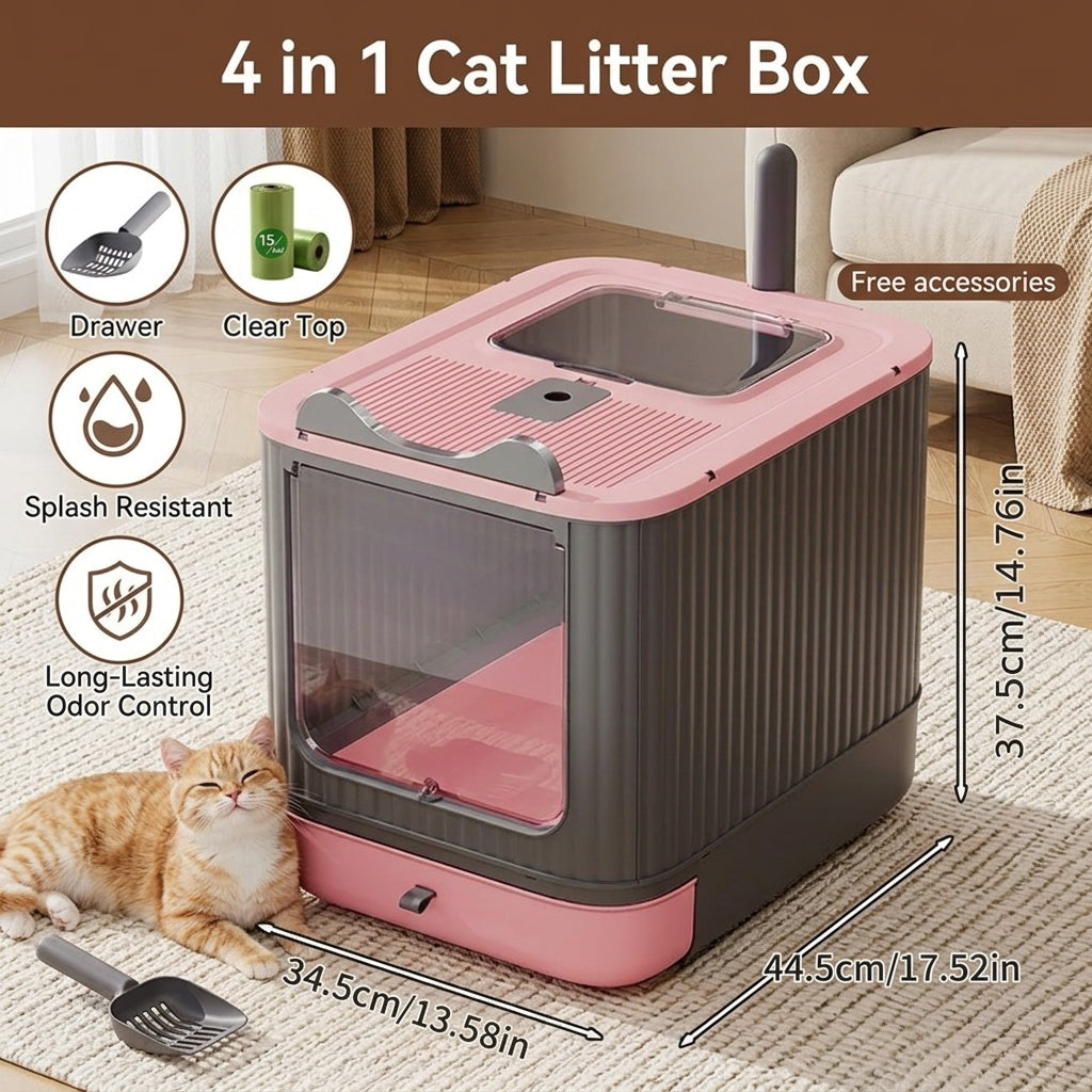 Extra Large Cat Litter Box with Front-Loading Drawer, 4-in-1 Enclosed Double-Door Cat Toilet with Top Cover, Scoop and Carbon Bag