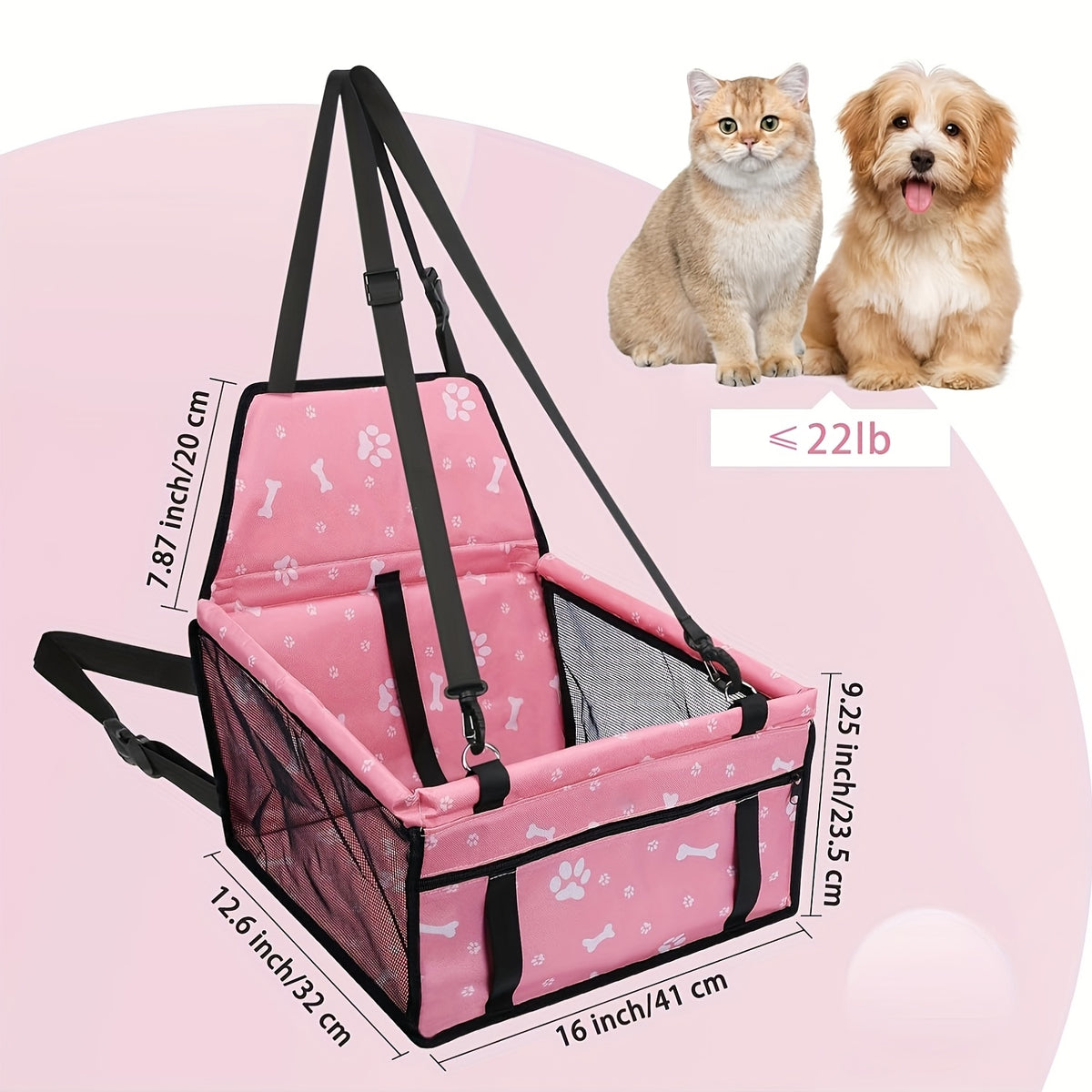 Small Dog Car Booster Seat with Bone Print, Foldable Oxford Pet Travel Carrier with Mesh Sides, Adjustable Straps and Storage Pocket