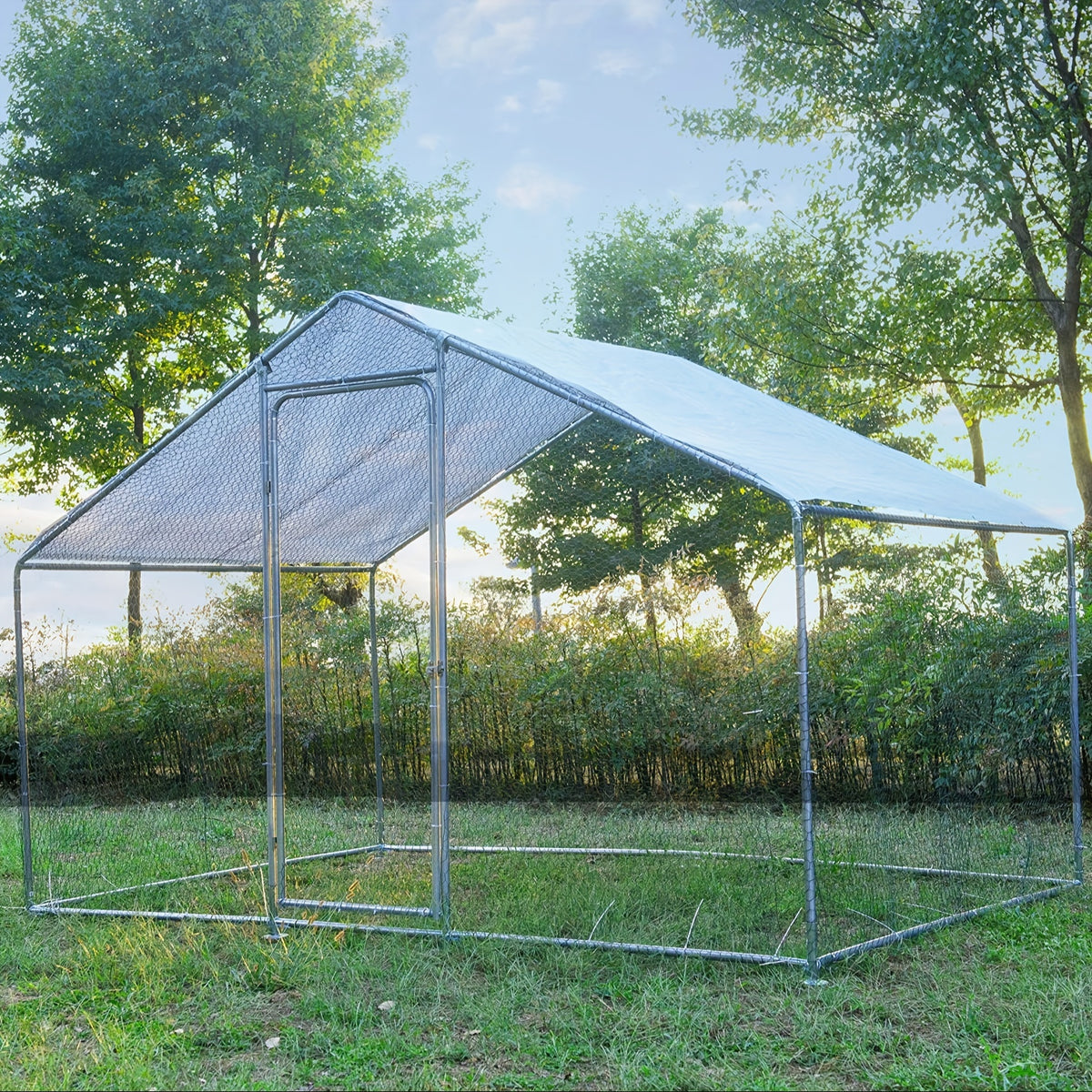 Walk-In Chicken Coop with Lockable Door, Galvanized Metal Poultry Run and UV-Resistant Cover for Backyard Hens, 118.1 x 78.7 x 78.7 Inches