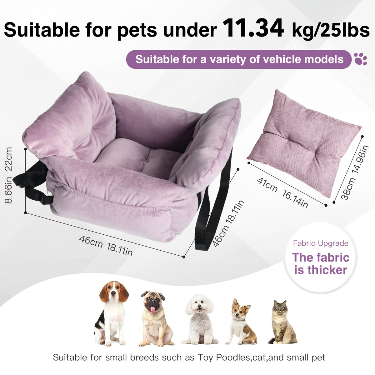 Dog Car Seat Carrier with Handheld and Shoulder Carry Options, Travel Booster Bag for Dogs and Cats with Listed Harness, Seven Color and Style Choices