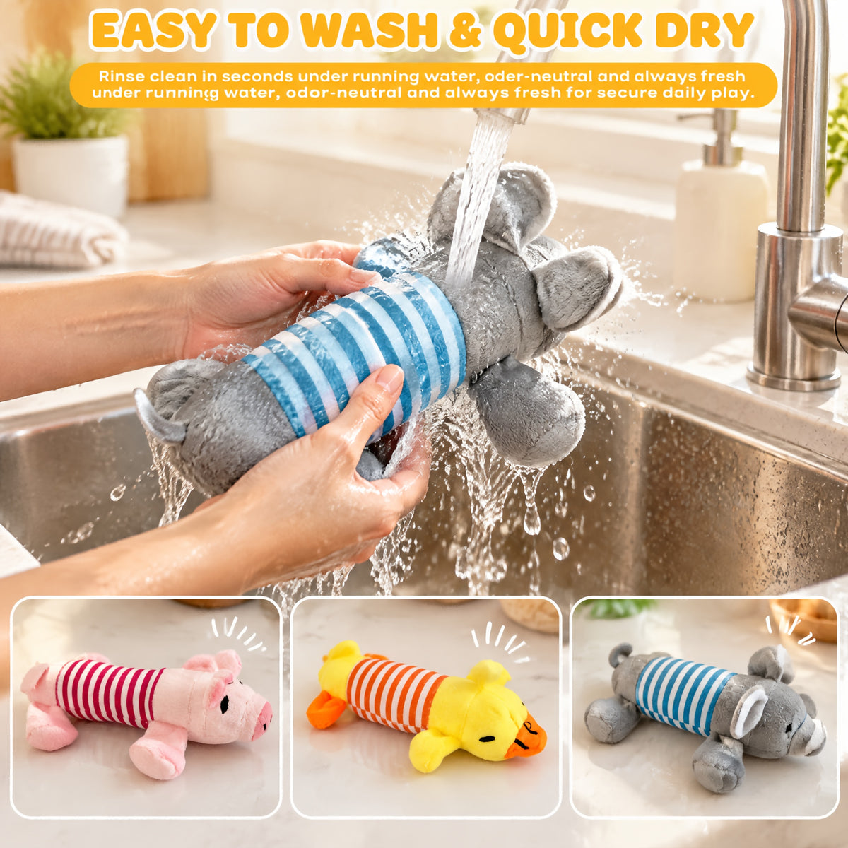 Squeaky Dog Toys with Striped Plush Design, 3 Pack 7.5 Inch Soft Stuffed Animal Toys in Assorted Colors for Small and Medium Dogs, Supervised Gentle Play