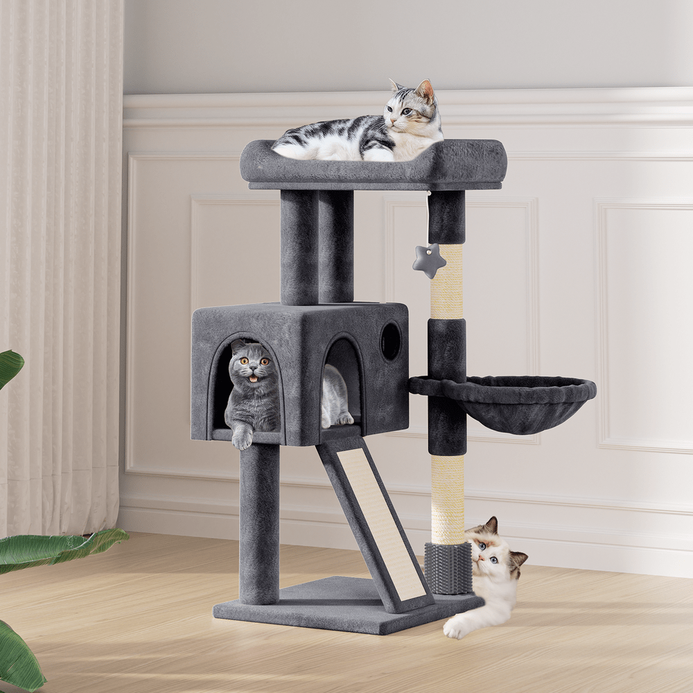 Compact Cat Tree 36 Inch with Hammock and Condo, Plush Indoor Cat Tower with Sisal Scratching Post, Scratching Board and Hanging Ball, Two Gray Colors