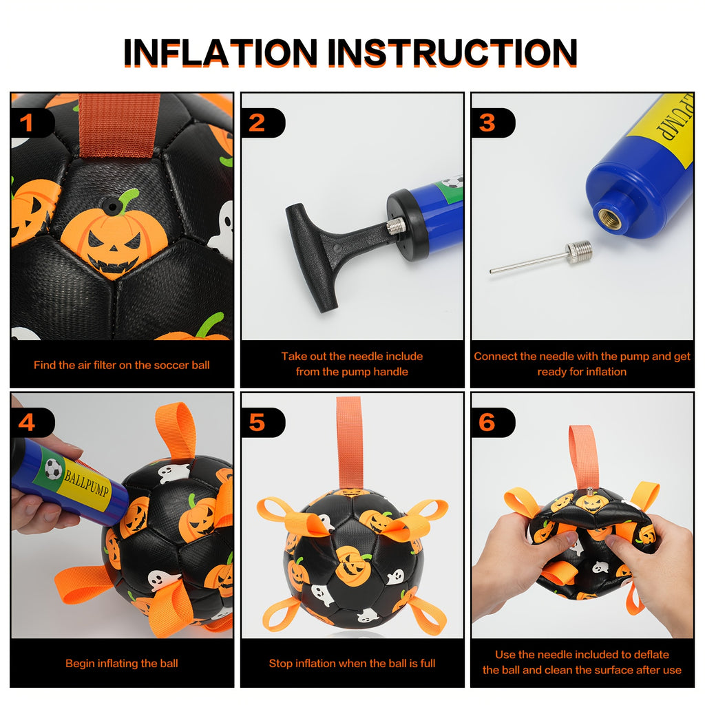 Halloween Dog Ball with Pumpkin and Ghost Print, Black Soccer-Style Fetch Toy with Orange Grab Straps, Pump and Needle for Supervised Outdoor Play
