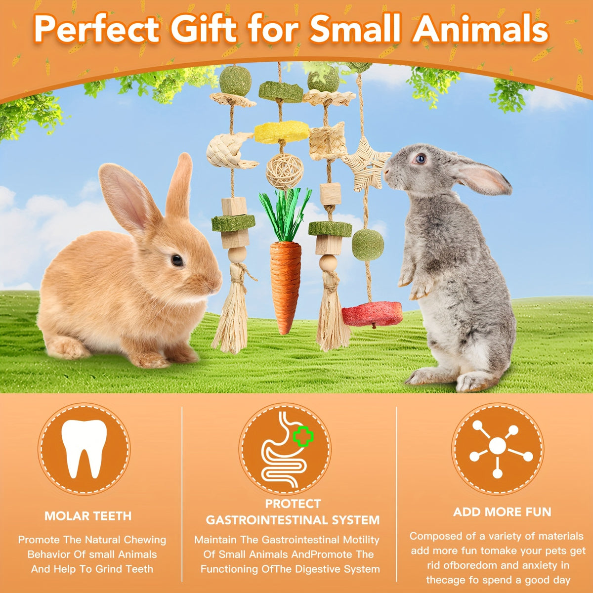 Hanging Rabbit Chew Rings 2 Pack, Rattan Bunny Cage Toys with Snacks for Supervised Small Pet Enrichment, Rabbit and Hamster Listed Option