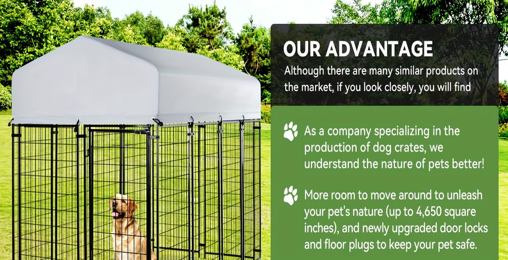 Covered Outdoor Dog Kennel with 2 Rotating Bowls, Welded Steel Wire Dog Pen with Lockable Gate, 69-Inch Height and Two Length Options