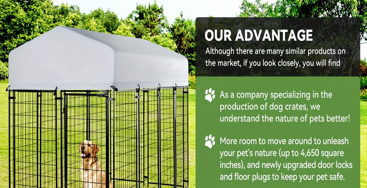 Covered Outdoor Dog Kennel with 2 Rotating Bowls, Welded Steel Wire Dog Pen with Lockable Gate, 69-Inch Height and Two Length Options