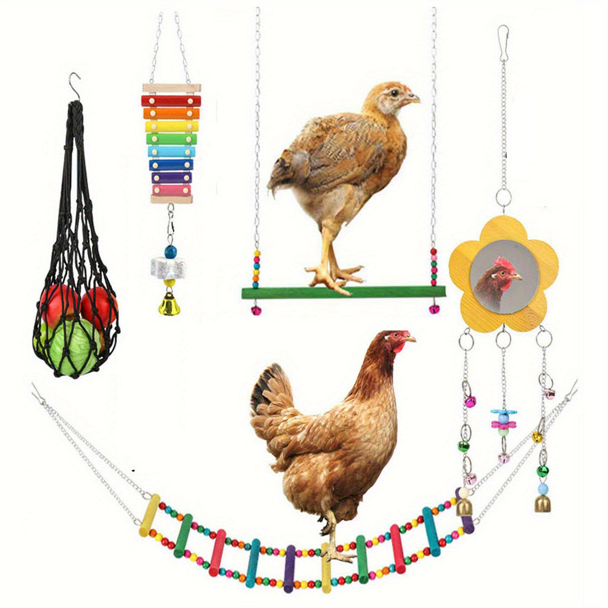 Chicken Enrichment Toys with Xylophone, Mirror, Ladder Bridge and Swing, 5 or 9 Piece Hanging Coop Accessory Sets for Backyard Hens and Poultry Play
