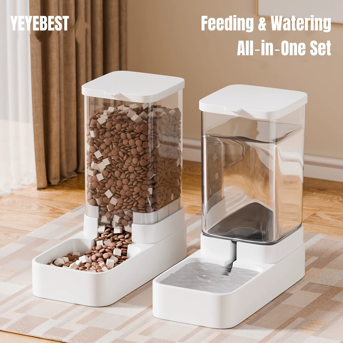 Cat Gravity Feeder and Water Dispenser Set in White, Battery-Free Pet Feeding Station with Non-Slip Base for Everyday Indoor Food and Water Access