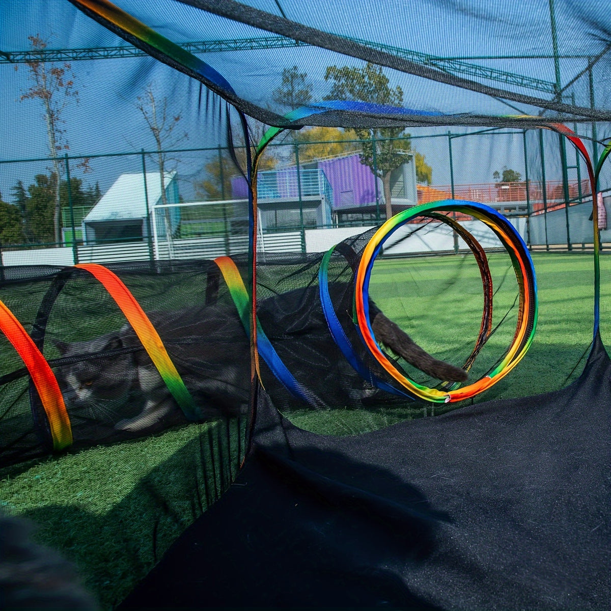 Outdoor Cat Enclosure with Play Tunnel, Portable Mesh Catio Tent with Rainbow Trim for Indoor Cats and Supervised Backyard Exploration