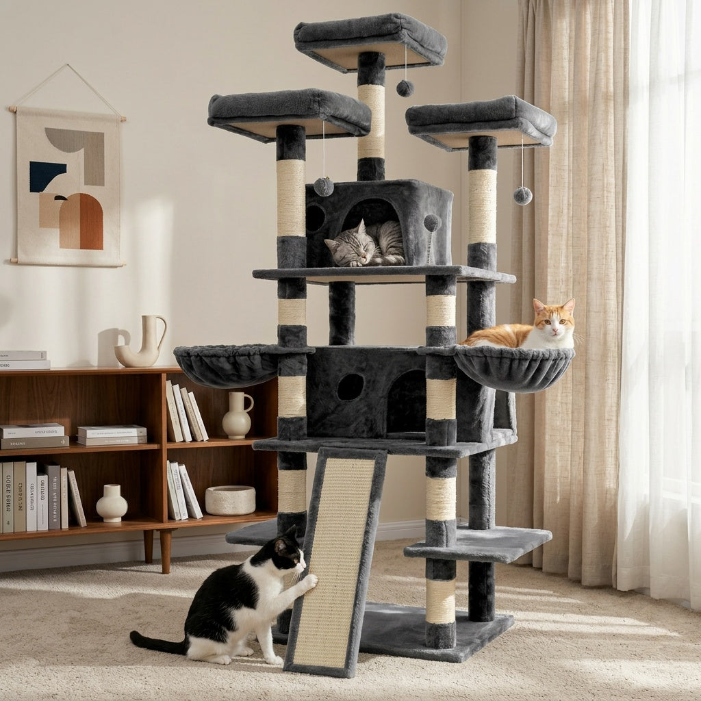 Cat Tree with Condo Retreat and Hammock, Multi-Level Indoor Cat Tower with Sisal Scratching Posts, Climbing Platforms and 44 Inch Model Options