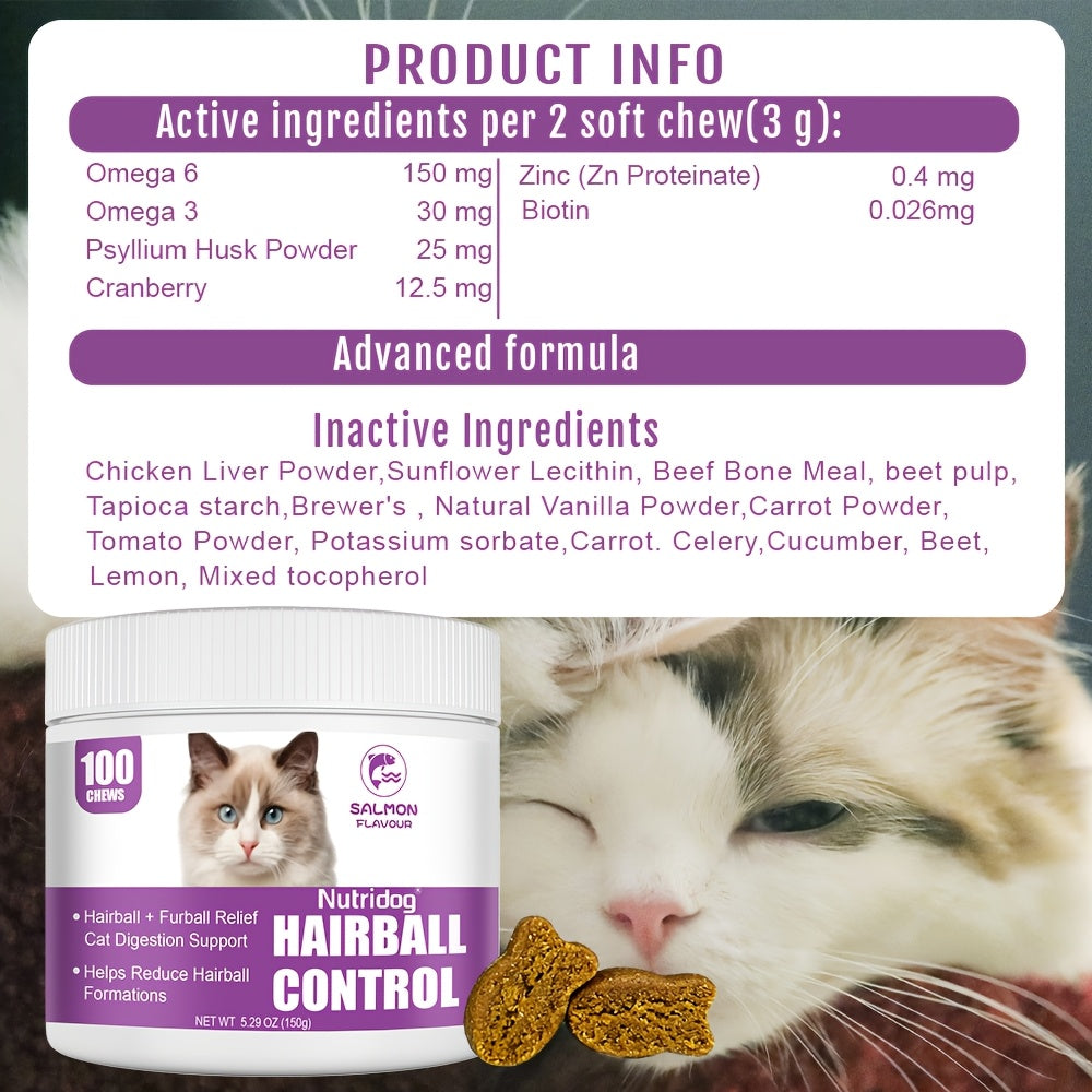 Cat Hairball Supplement Soft Chews, 100 Count Salmon Flavor Hairball Aid for Cats, Convenient Chew Format for Your Cat Care Routine