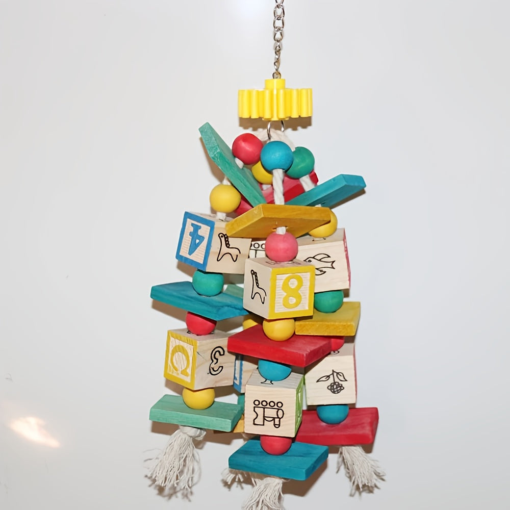 Wooden Parrot Activity Toy with Number and Letter Blocks, Colorful Hanging Bird Chew Toy with Beads and Rope Tassels for Medium and Large Birds