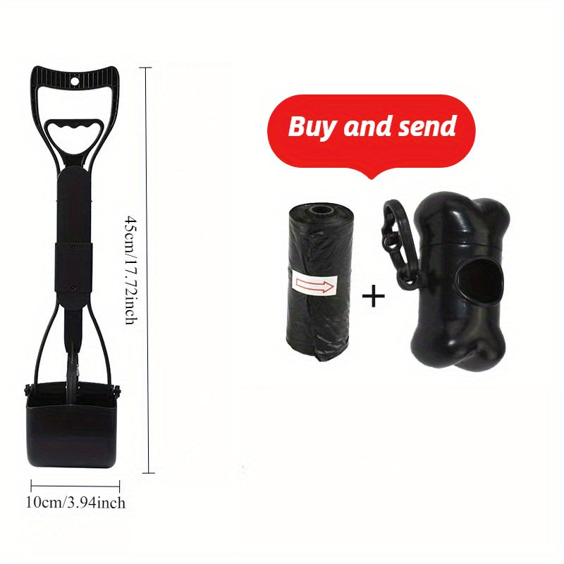 Dog Poop Scooper with Foldable Long Handle, Three-Piece Black Pet Waste Shovel with Ergonomic Grip and Straight Edge for Indoor and Outdoor Cleanup