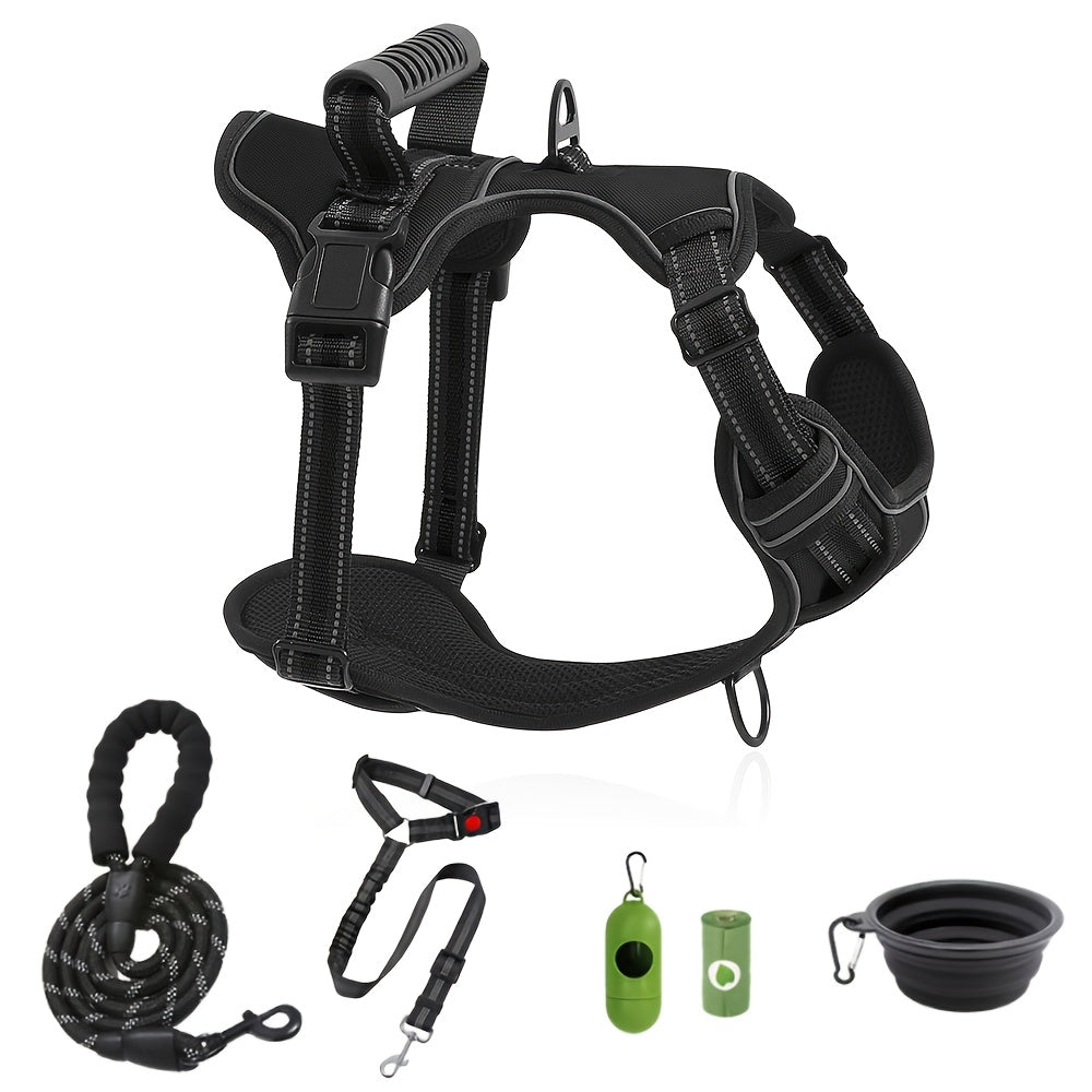 6-Piece Dog Harness and Leash Set, Reflective Oxford Vest with Front and Back Clips, Control Handle, Bowl and Walking Accessories, XS–XL