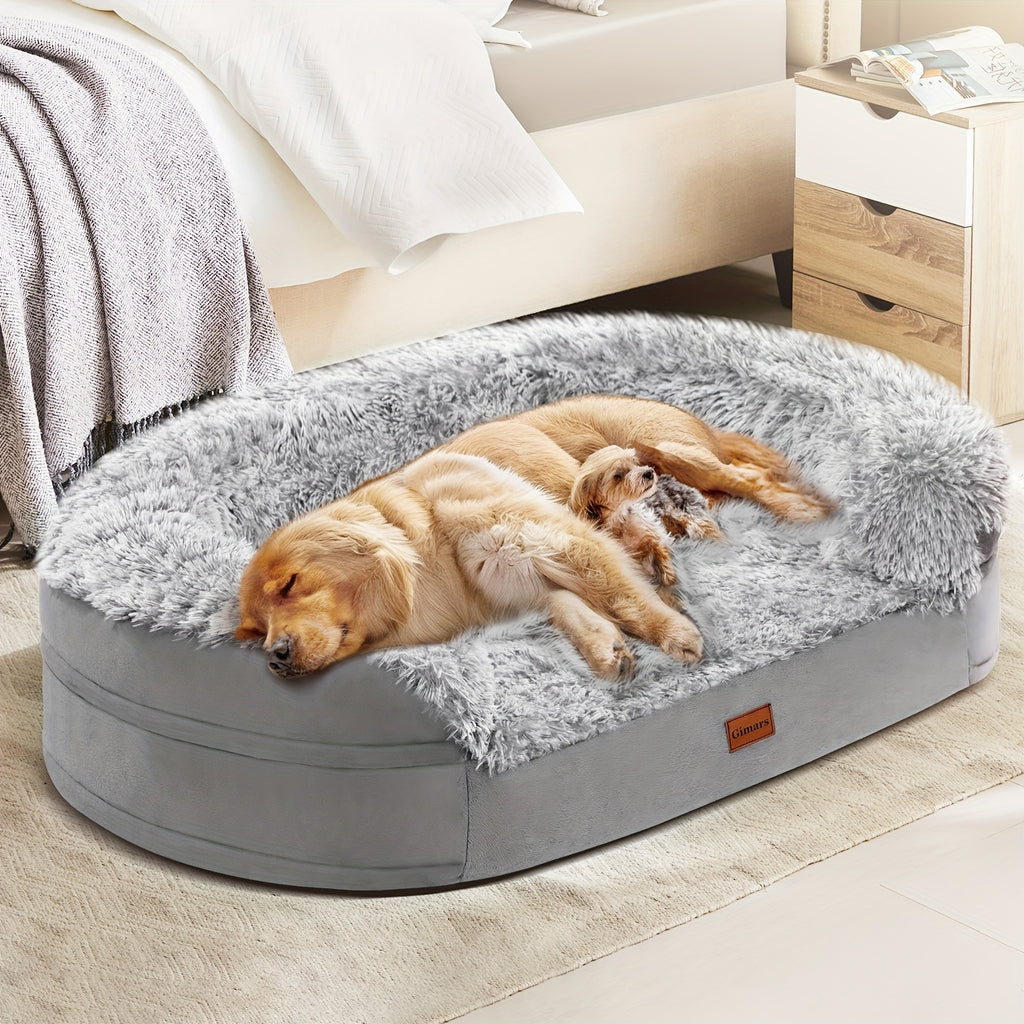 Plush Foam Dog Bed with Removable Washable Cover, Gray Egg Crate Pet Lounger with Raised Edges in Large Rectangle and Semicircle Options
