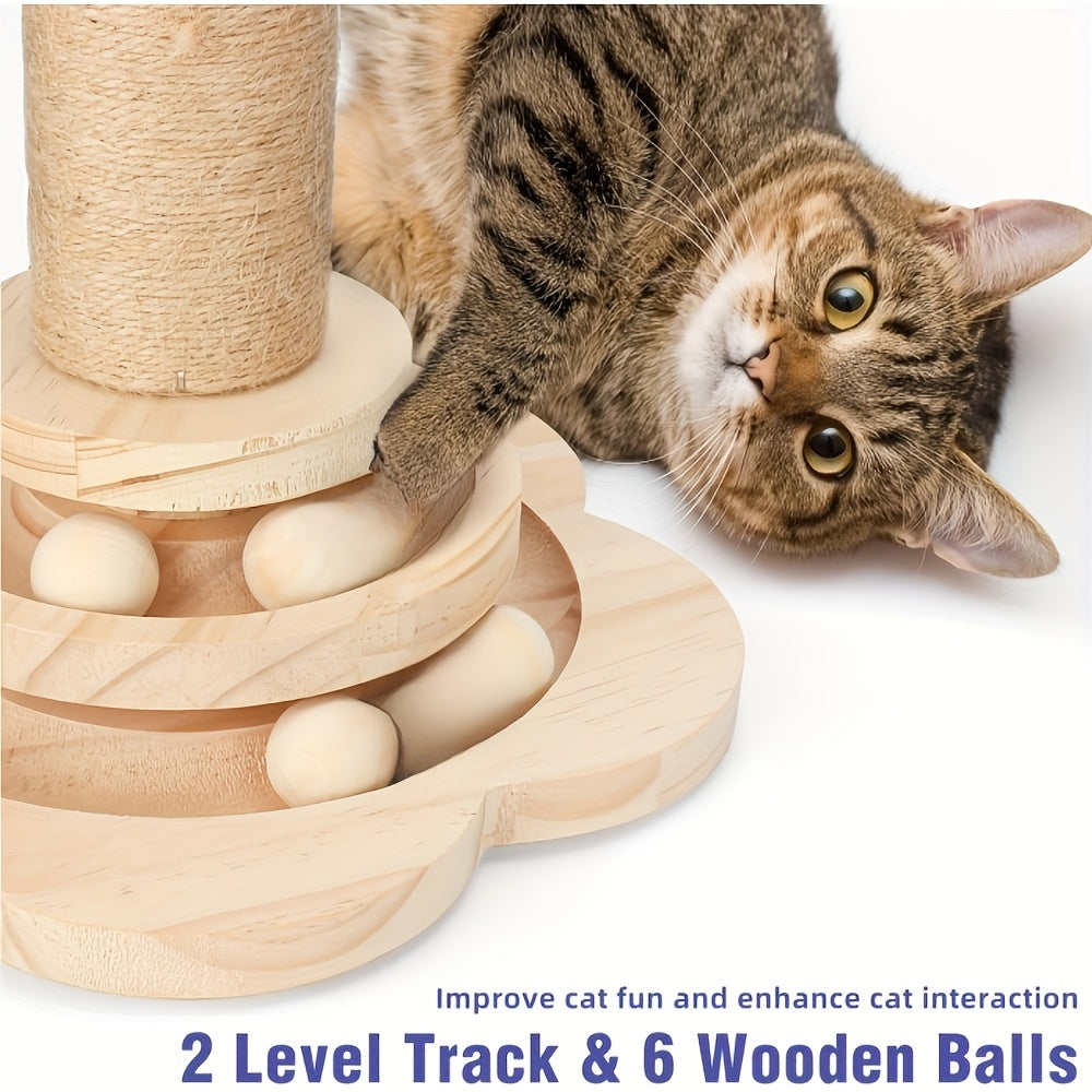 Cat Scratching Post Activity Center with 2-Level Ball Track, Sisal Rope, Pinewood Base, Feather Toy and Hanging Balls for Indoor Cats