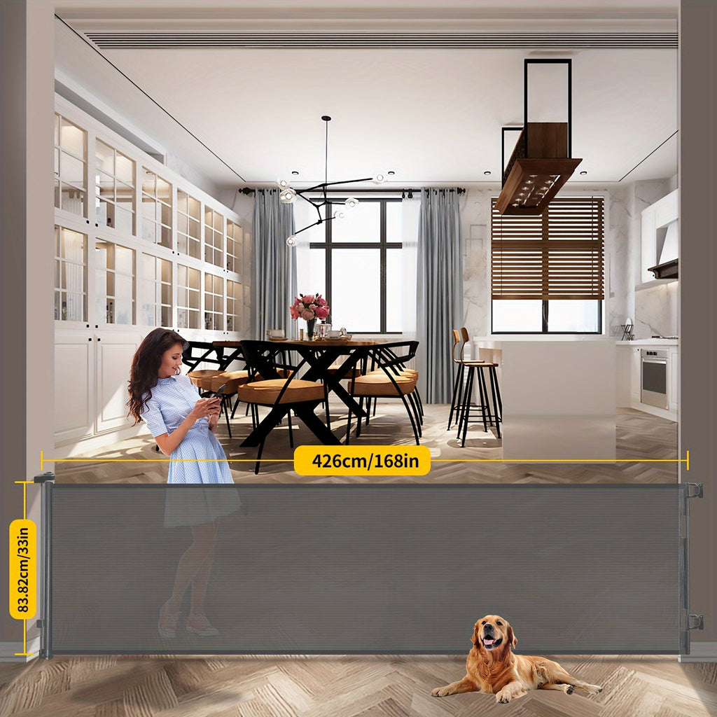 Retractable Mesh Dog Gate for Doorways and Hallways, Indoor Outdoor Pet Barrier in Black, White or Gray, Multiple Sizes up to 197 Inches Wide