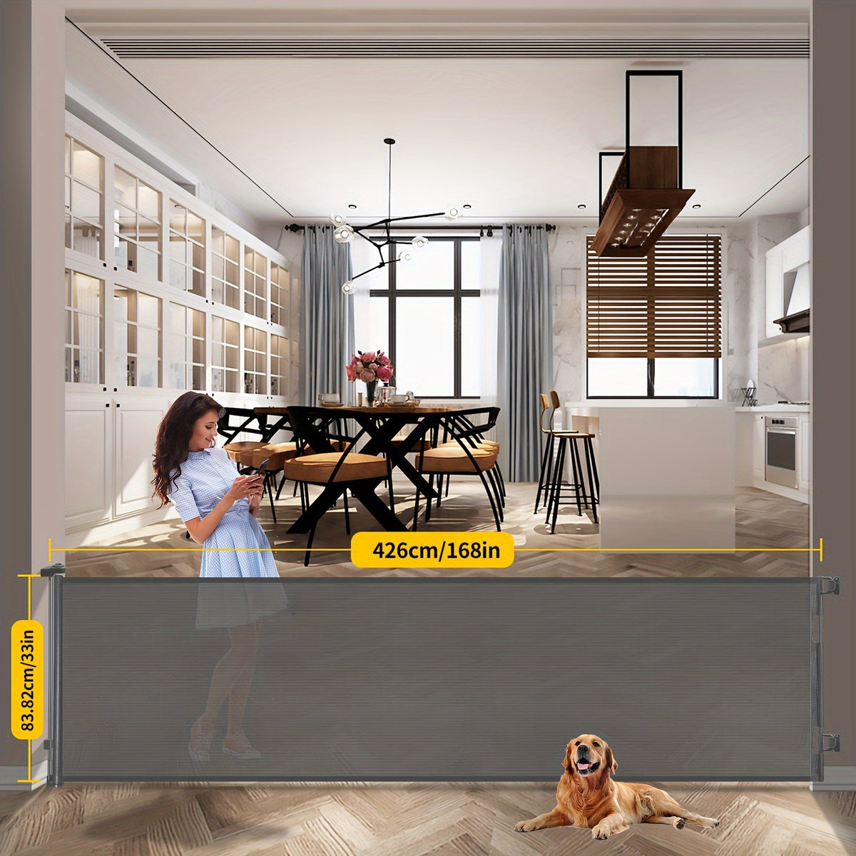 Retractable Mesh Dog Gate for Doorways and Hallways, Indoor Outdoor Pet Barrier in Black, White or Gray, Multiple Sizes up to 197 Inches Wide