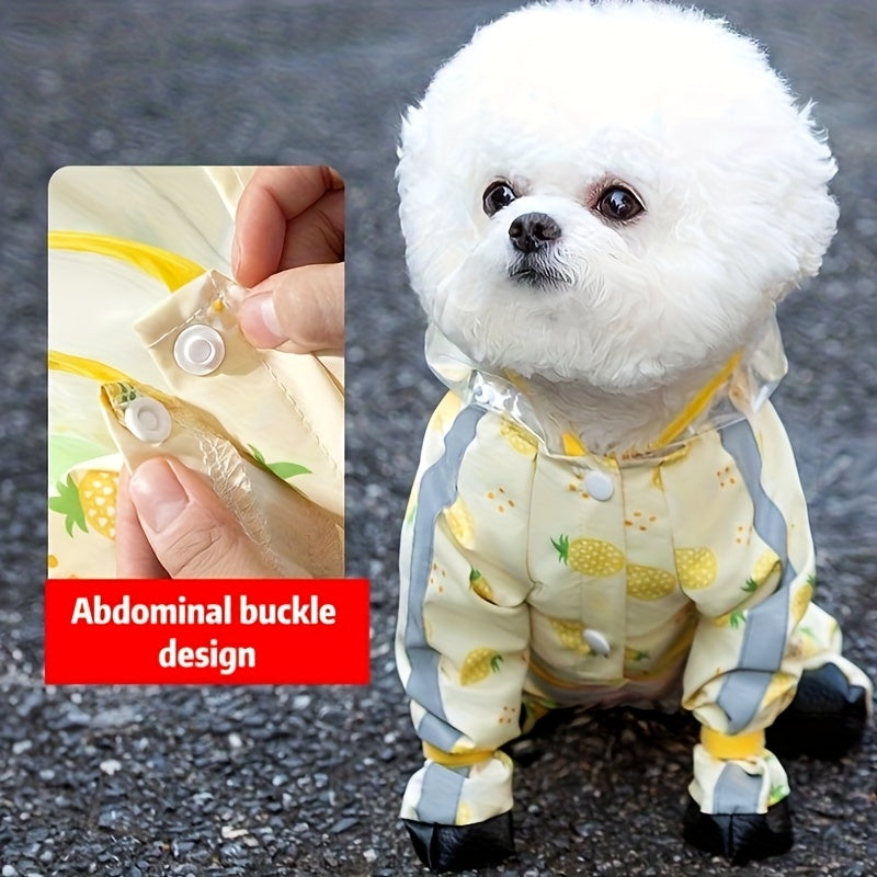 Dog Raincoat with Four-Leg Coverage, Reflective Strip, Extended Brim & Snap Closure for Rainy Walks, Pink Strawberry or Yellow Pineapple