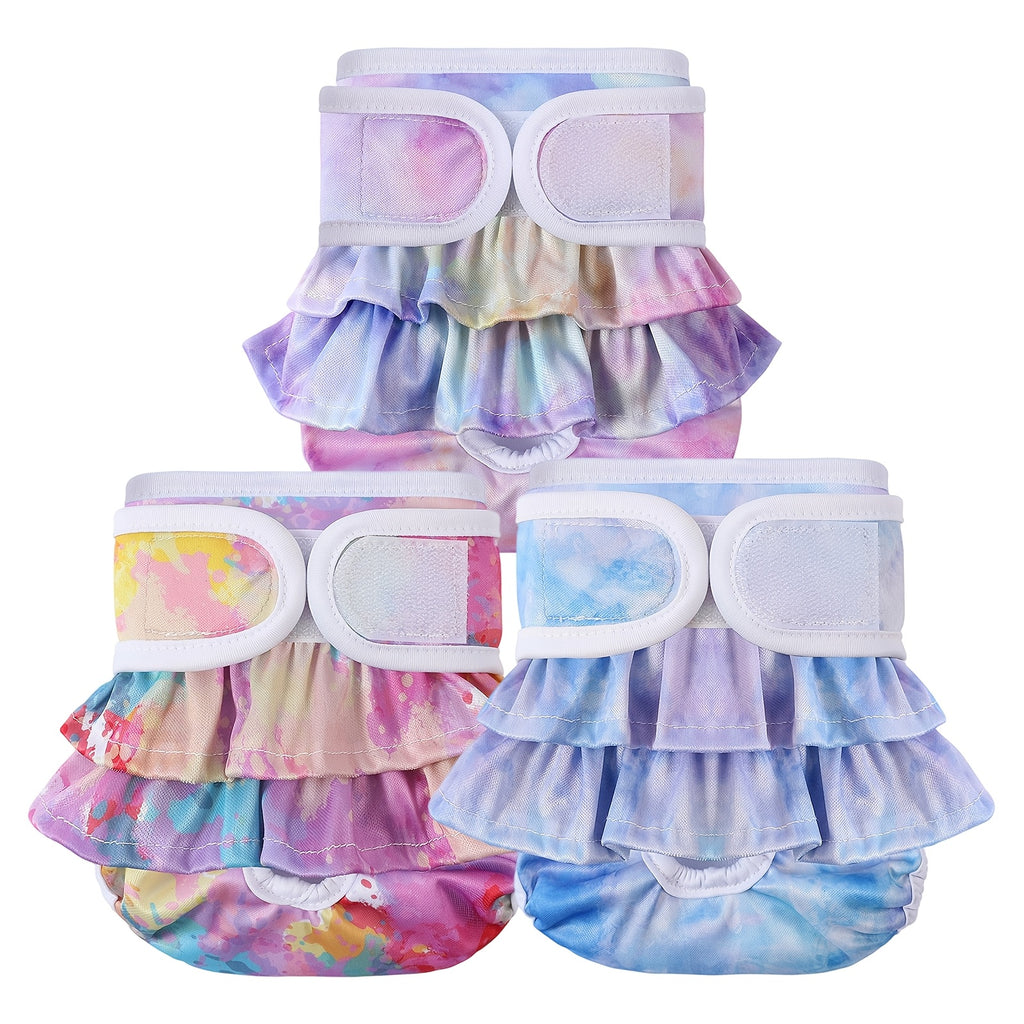 Female Dog Diaper Set 3 Pack, Washable Reusable Absorbent Sanitary Panties for Heat Cycles and Indoor Accidents, Two Pattern Sets in XS to L