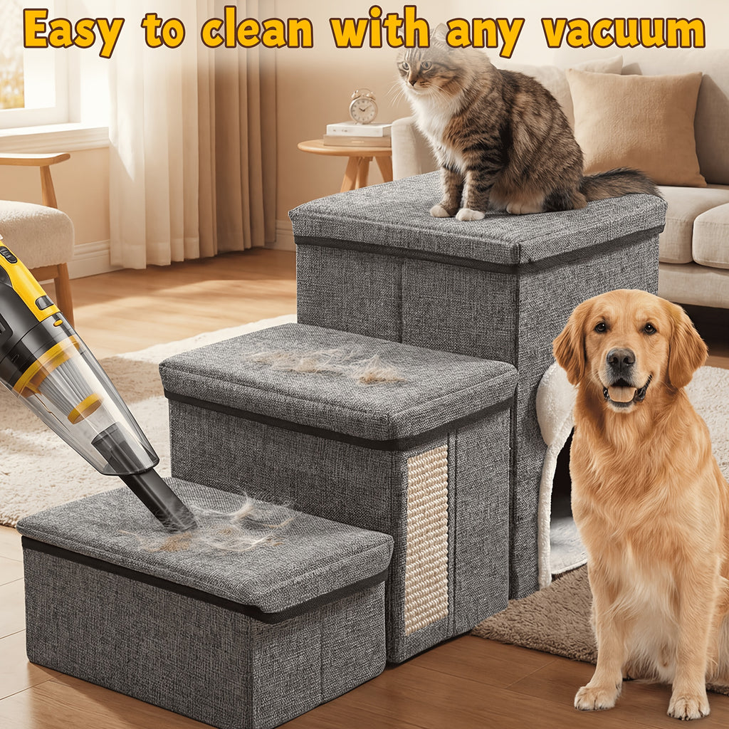 Pet Stairs with Storage for Bed and Sofa, Soft Cushioned Non-Slip Dog and Cat Steps in 2, 3 or 4 Tiers with Side Pocket or Grab Bar Style Options