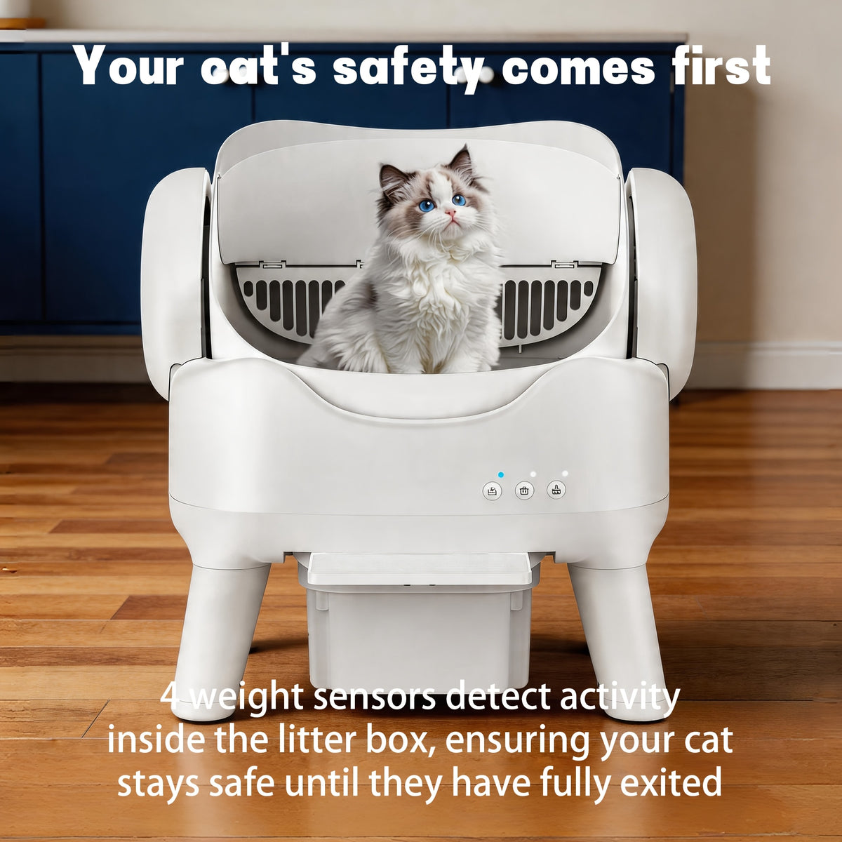 Open Top Self Cleaning Litter Box in White, Automatic Cat Toilet with High Sides, Low Noise Operation and 3.96 Gallon Waste Drawer