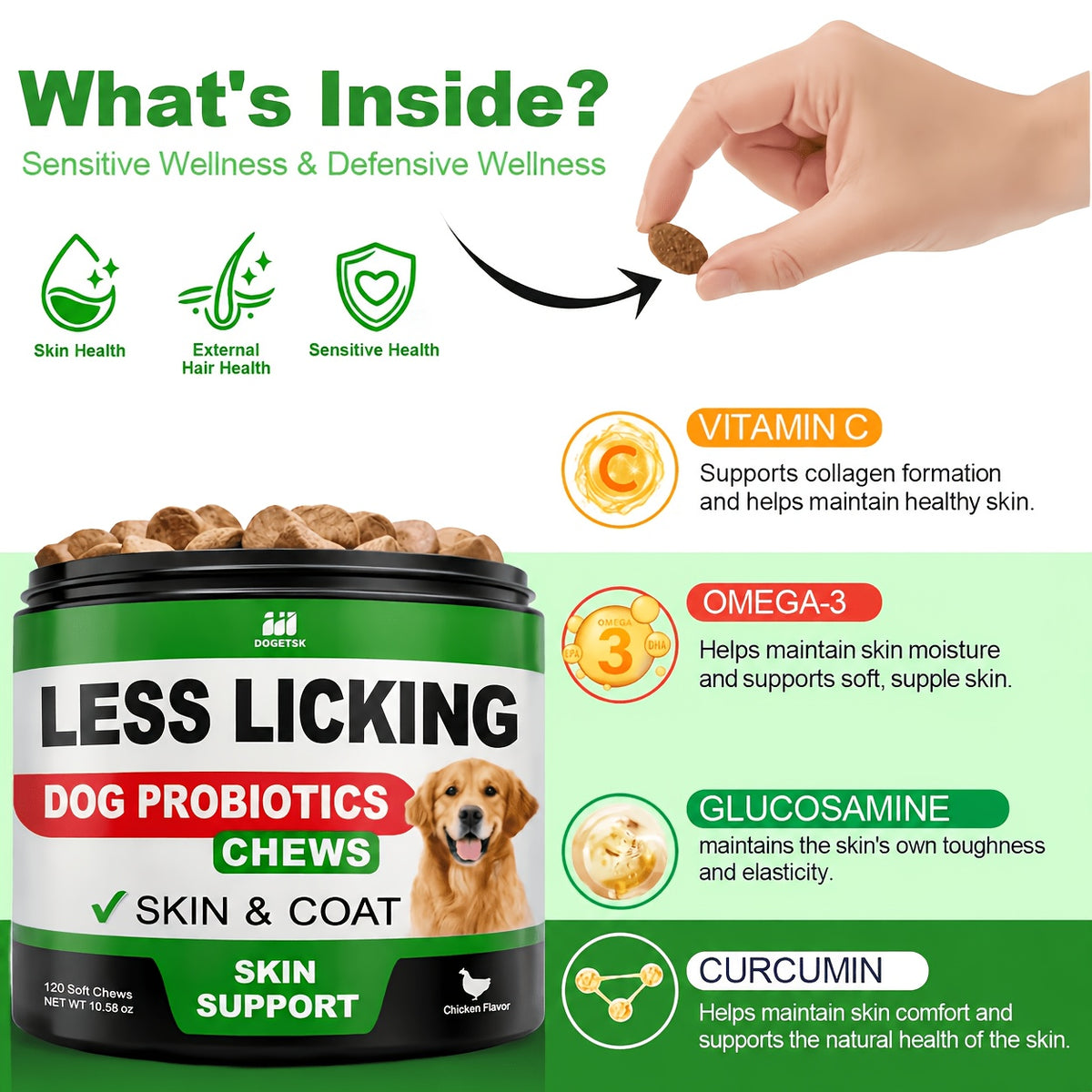 Dog Probiotic Chews Chicken Flavor, 120 Soft Chews per Container with Skin and Coat Care Labeling, Canine Supplement in 1 or 2 Unit Options
