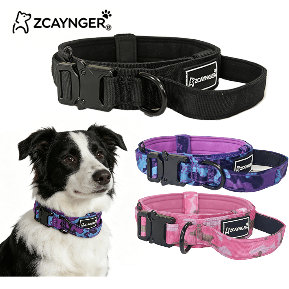 Tactical Dog Collar with Padded Lining and Side Control Handle, Black or Pink Camouflage Buckle Collar for Medium and Large Dogs, M L XL, Walking and Training