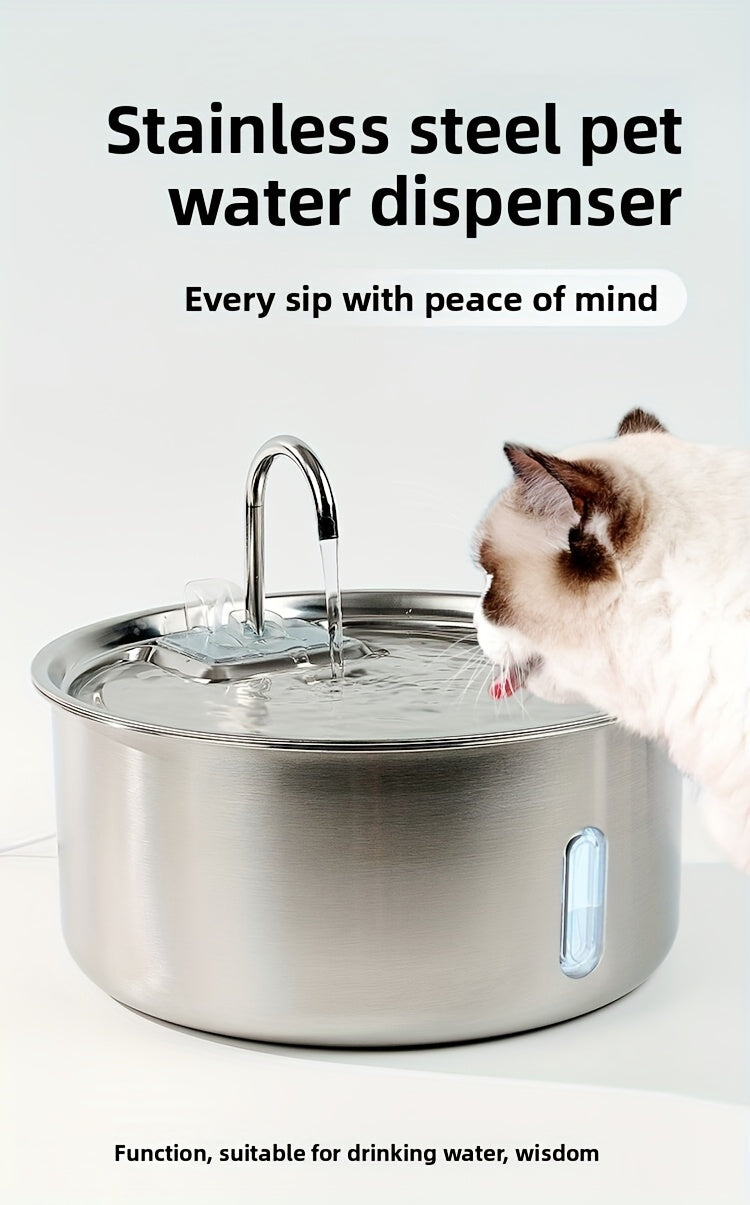 Dog Water Fountain FT007 7L, Stainless Steel USB Powered Pet Drinking Dispenser with Water Level Window and Filtration for Cats and Multi-Pet Homes