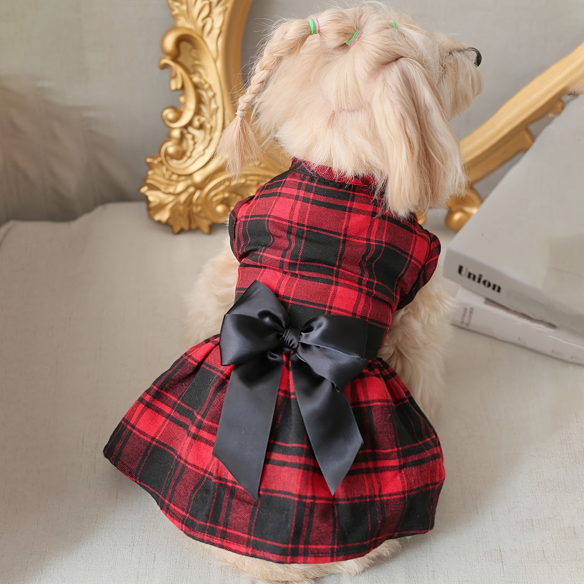 Plaid Dog Dress with Bow for Dogs and Cats, Red Academic Style Pet Outfit in XS–XXL with Random Poop Bag Dispenser and 4 Bells