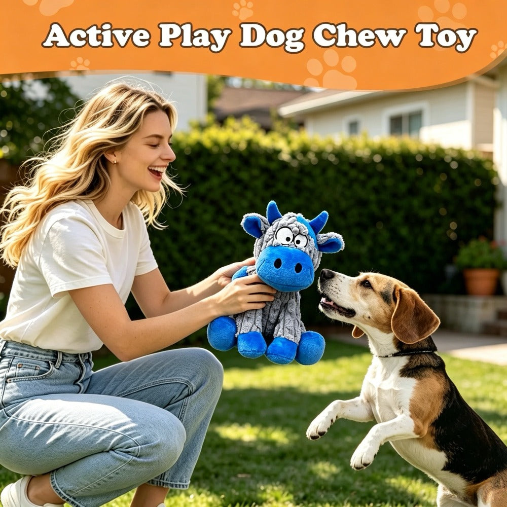 Squeaky Cow Dog Toy in Blue and Gray, Battery-Free Plush Puppy Toy for Small and Medium Dogs, Supervised Gentle Tug and Interactive Play